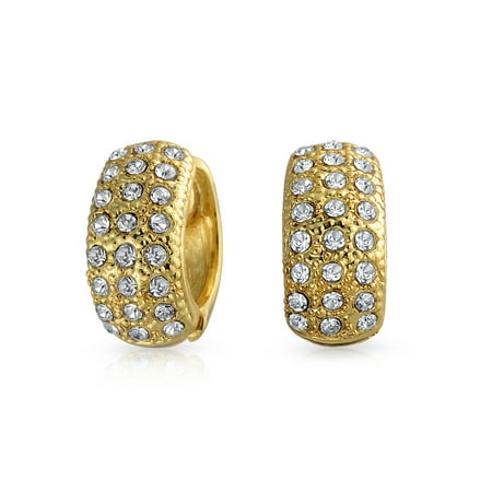- Bridal Prom 3 Row Pave Crystal Huggie Hoop Magnetic Clip On Earrings For Women Non Pierced Ears 14K Gold Plated Alloy