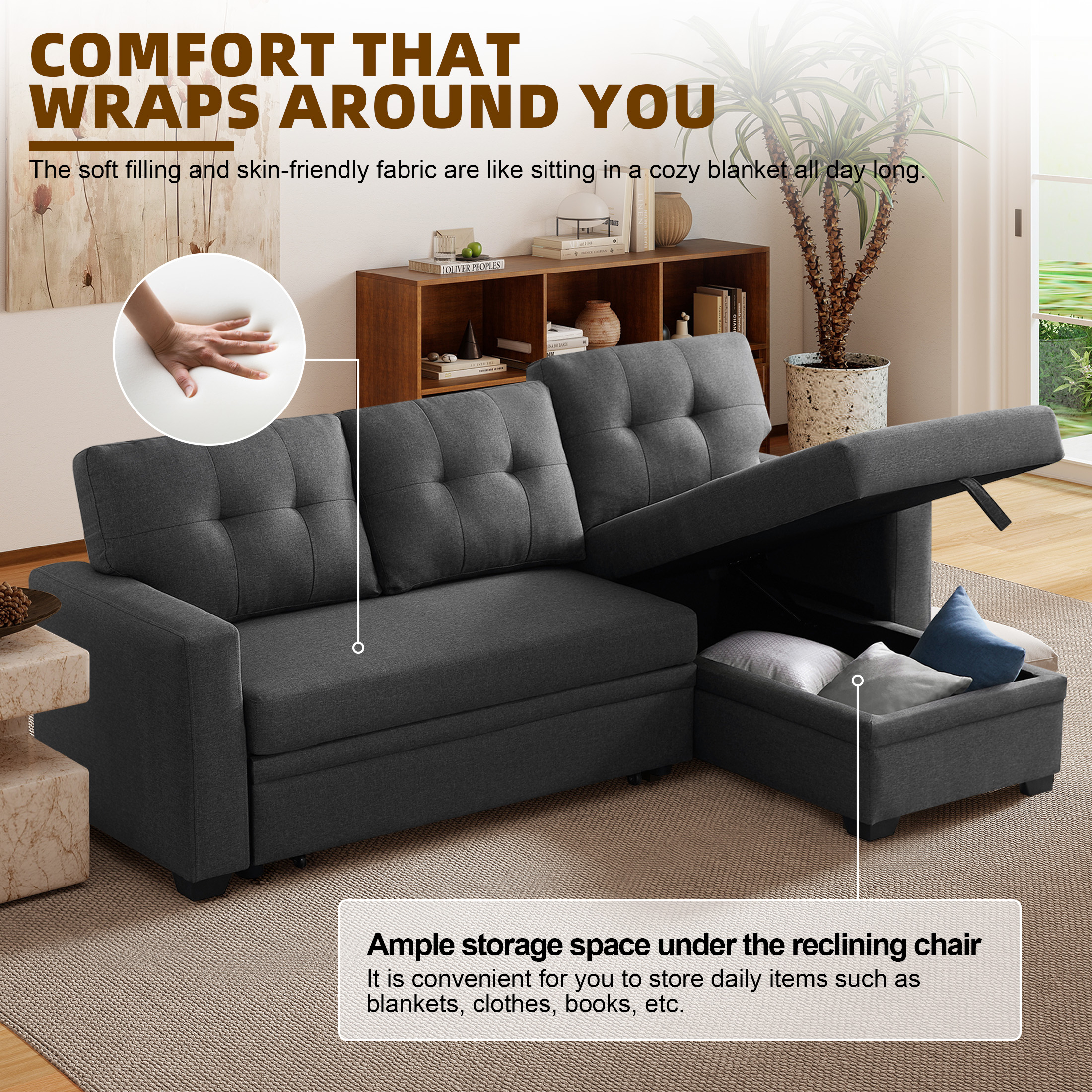 Aukfa Premium Pull-Out Sleeper Sofa Bed with Storage Chaise, Contemporary 3-Seater Couch for Living Room, Dark Gray