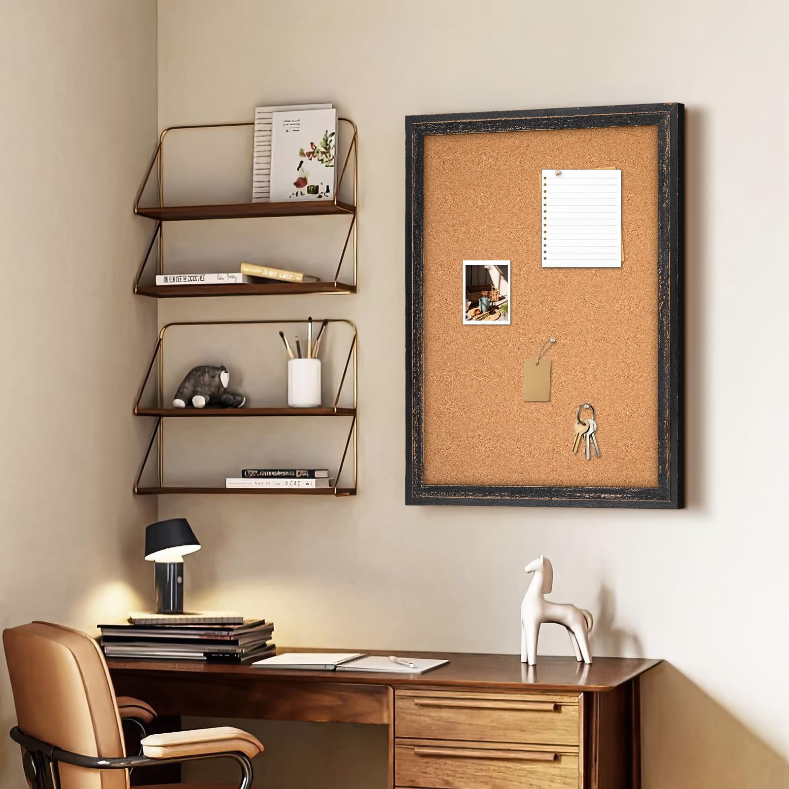 Cork Board Bulletin  30" X 20" Corkboard For Wall Rustic Black Wooden Frame Decorative Hanging Pin Home Office Room Decor 10 Push Pins