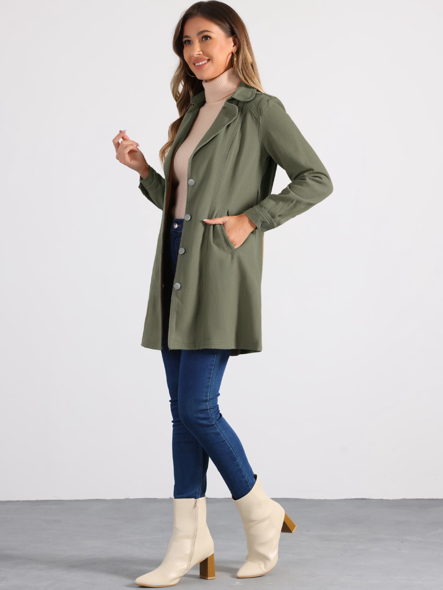 DARING DIVA Trench Jean Notched Lapel Long Sleeve Denim Jacket L Army Green