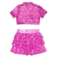 thumbnail image 4 of Haitryli Girls Shiny Latin Jazz Dance Outfits Short Sleeve Crop Top with Tiered Ruffle Skirt Cheerleading Dancewear Hot Pink 14, 4 of 5