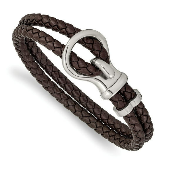 Primal Steel Stainless Steel Polished Braided Brown Leather 8 Inch Bracelet