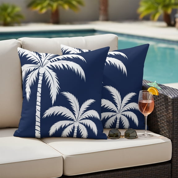 Navy Blue Coconut Tree Outdoor Waterproof Throw Pillow Covers Set of 2, 16"x16", Summer Coastal Tropical Minimalist Palm Tree Decorative Pillow Covers Outside Cushion Case for Patio Porch Garden