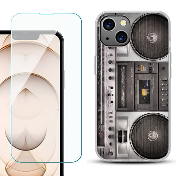 Slim-Fit Flexible TPU Gel Phone Case for iPhone 13, with Tempered Glass Screen Protector, by OneToughShield ® - Boombox