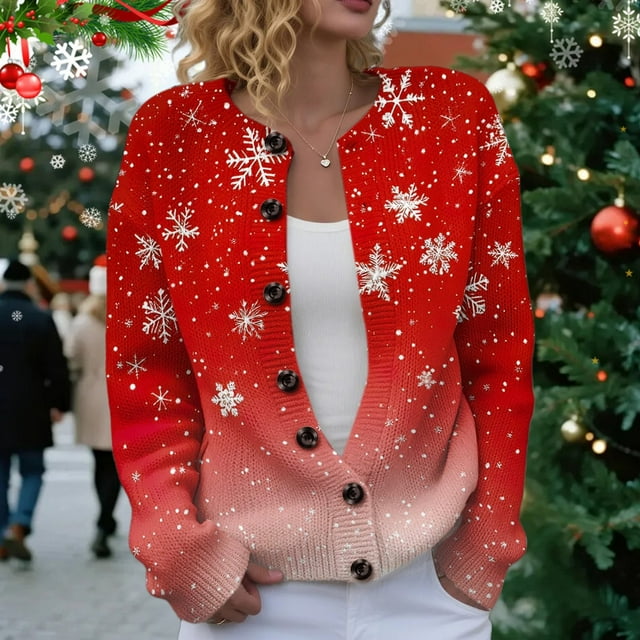 Winter Plus Size Fall Sweaters for Women Women Christmas 3d Snowflake Button Deer Plush Sweater Cardigan Features: Red M