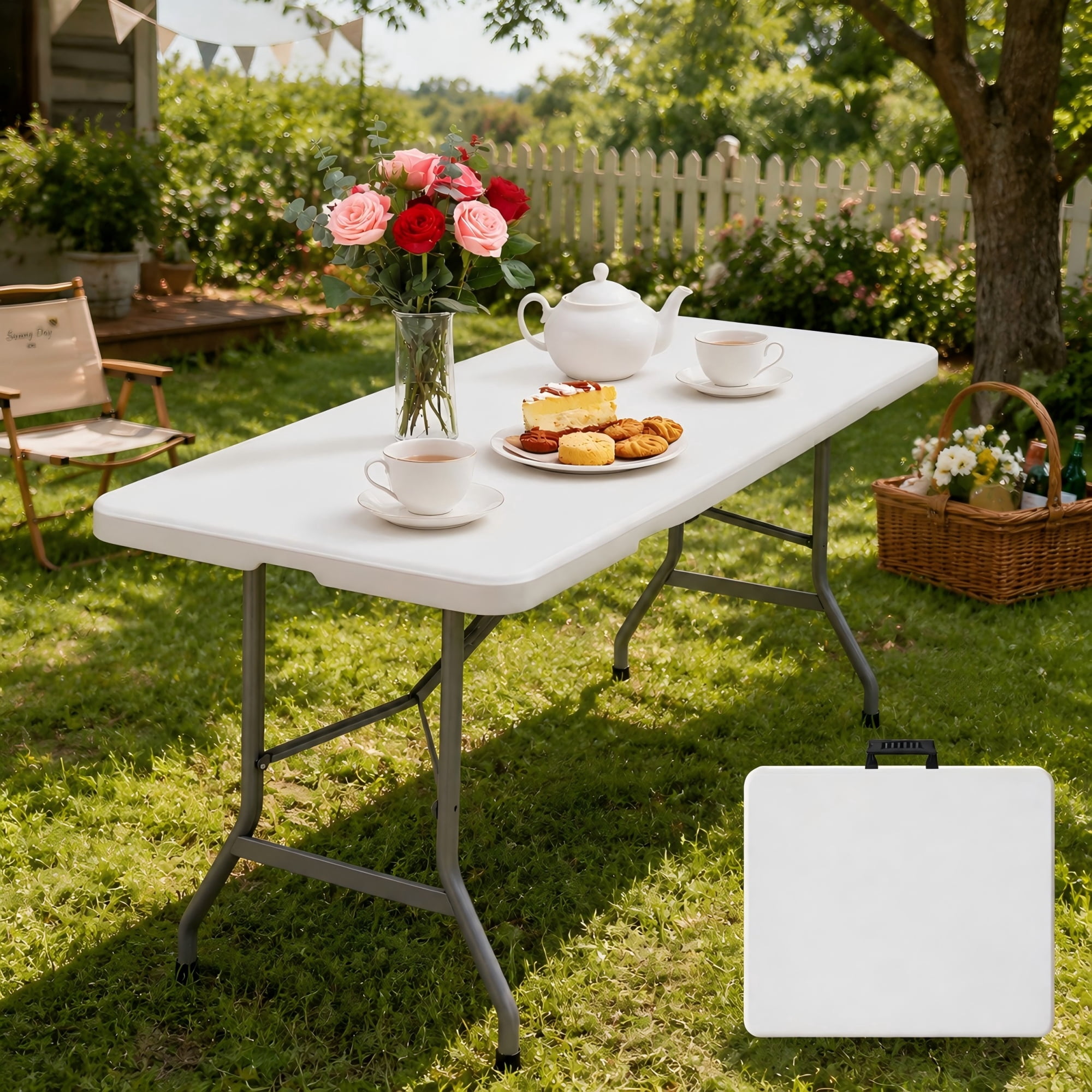 BSHTI 6ft Plastic Folding Table with HDPE Top, Carry Handle, Steel Legs for Parties，Camping，Dining（White）