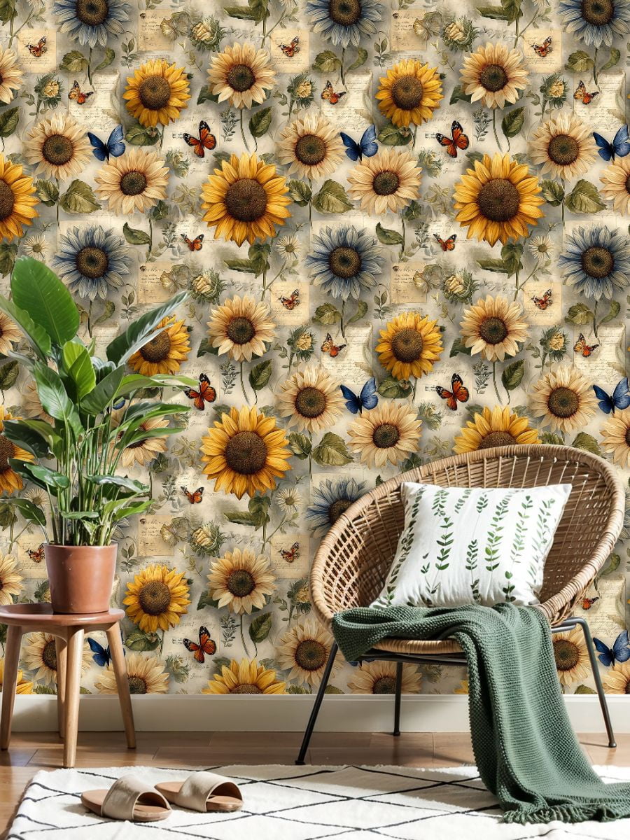 Peel and Stick Wallpaper Vintage Sunflowers Butterflies Botanical Notes Wall Mural 23.6in x 9.8ft Self Adhesive Removable Wall Paper Renter Friendly Wallpaper for Nursery Bedroom Cabinets