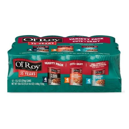 (2 pack) Ol' Roy Cuts in Gravy Wet Dog Food Variety Pack: T-Bone, Bacon Cheeseburger and Country Stew, 13.2 oz, 12