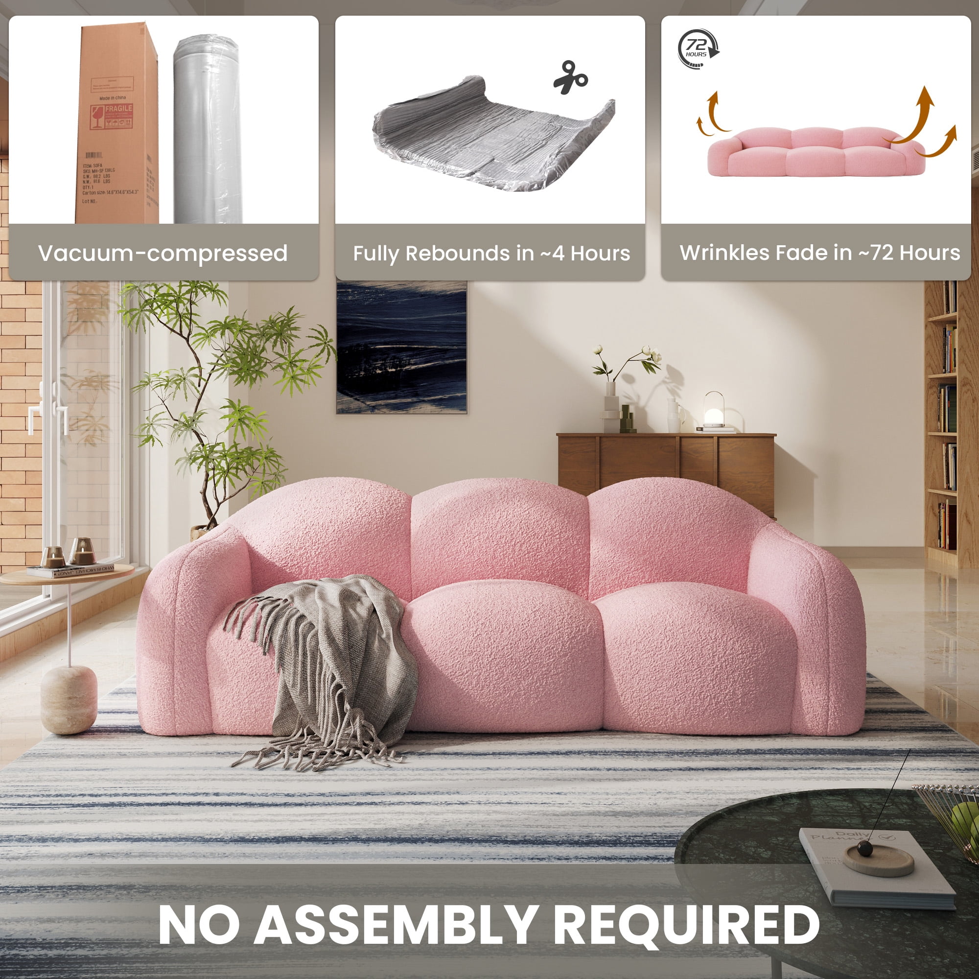 The Magic Home 90" Modern Cloud Couch for Living Room, Boucle LoveSeat 3 Seater Sofa, Plush Floor Sofa Couch for Bedroom, Apartment, Small Space (Pink Couch, No Assembly Required)