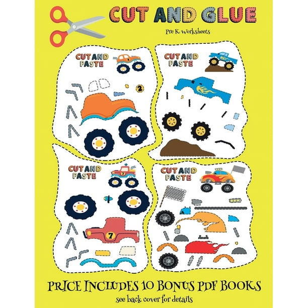 pre k worksheets pre k worksheets cut and glue monster trucks this book comes with collection of downloadable pdf books that will help your child make an excellent start to