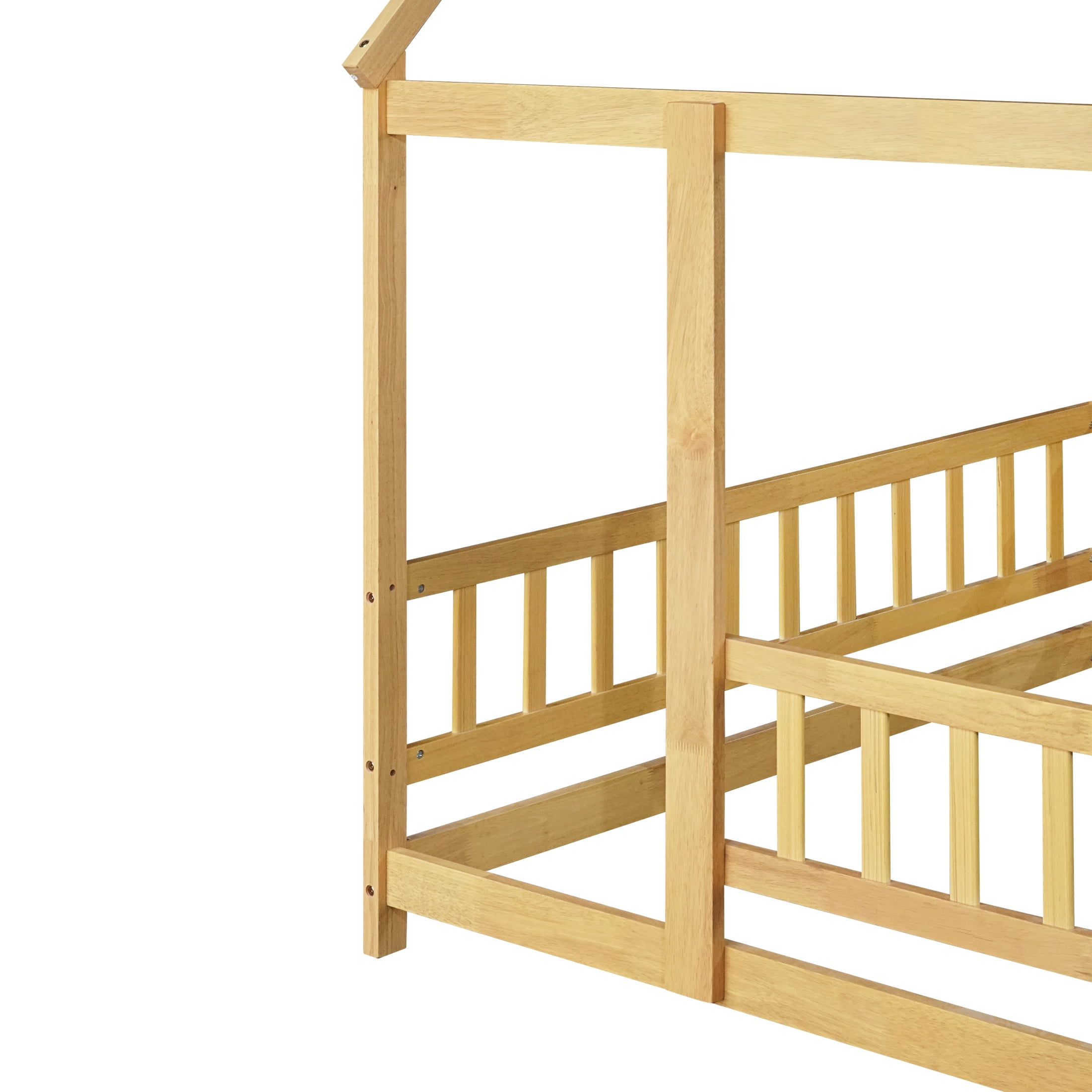 Noble House Travis Full House Floor Bed with Roof Frame and Safety Fence, Sturdy Wood Montessori Bed, Natural