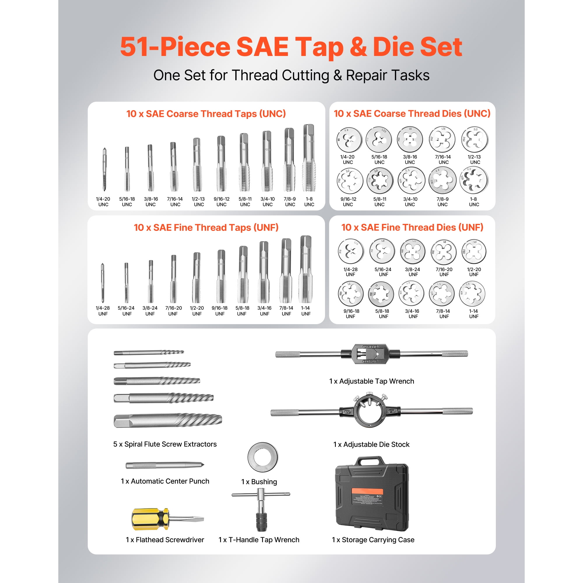 KFFKFF 51-Piece Tap and Die Set, SAE Sizes 1/4" to 1", Includes Coarse and Fine Thread Tools, Wrenches, Accessories, and Storage Case, Made of Durable Bearing Steel for Threading and Rethreading
