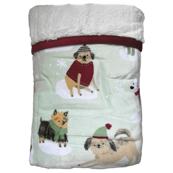 Cuddle Duds Green Puppy Dog Faux Fur & Microplush Fleece Throw Blanket, 50x60