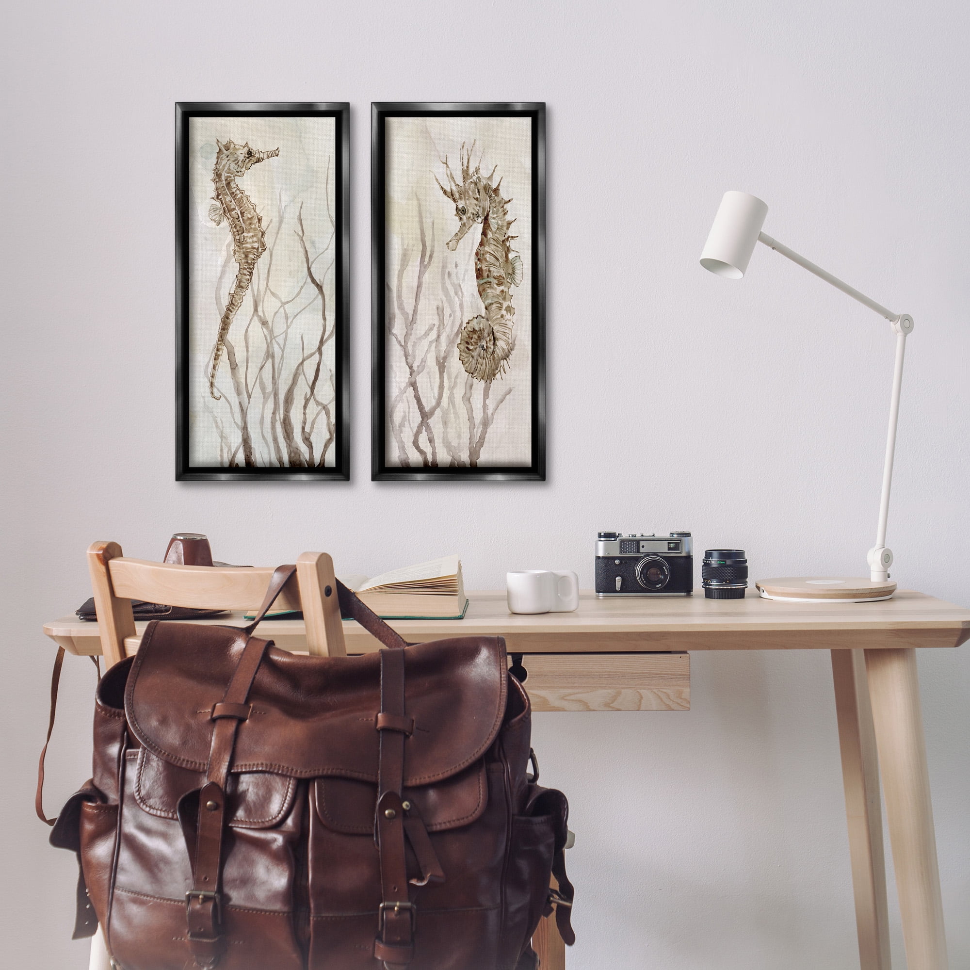 Stupell Industries Enchanted Sea Horse & Ocean Algae Animals & Insects Painting Black Floater Framed Canvas Art Print Wall Art, 11 x 25, Set of 2