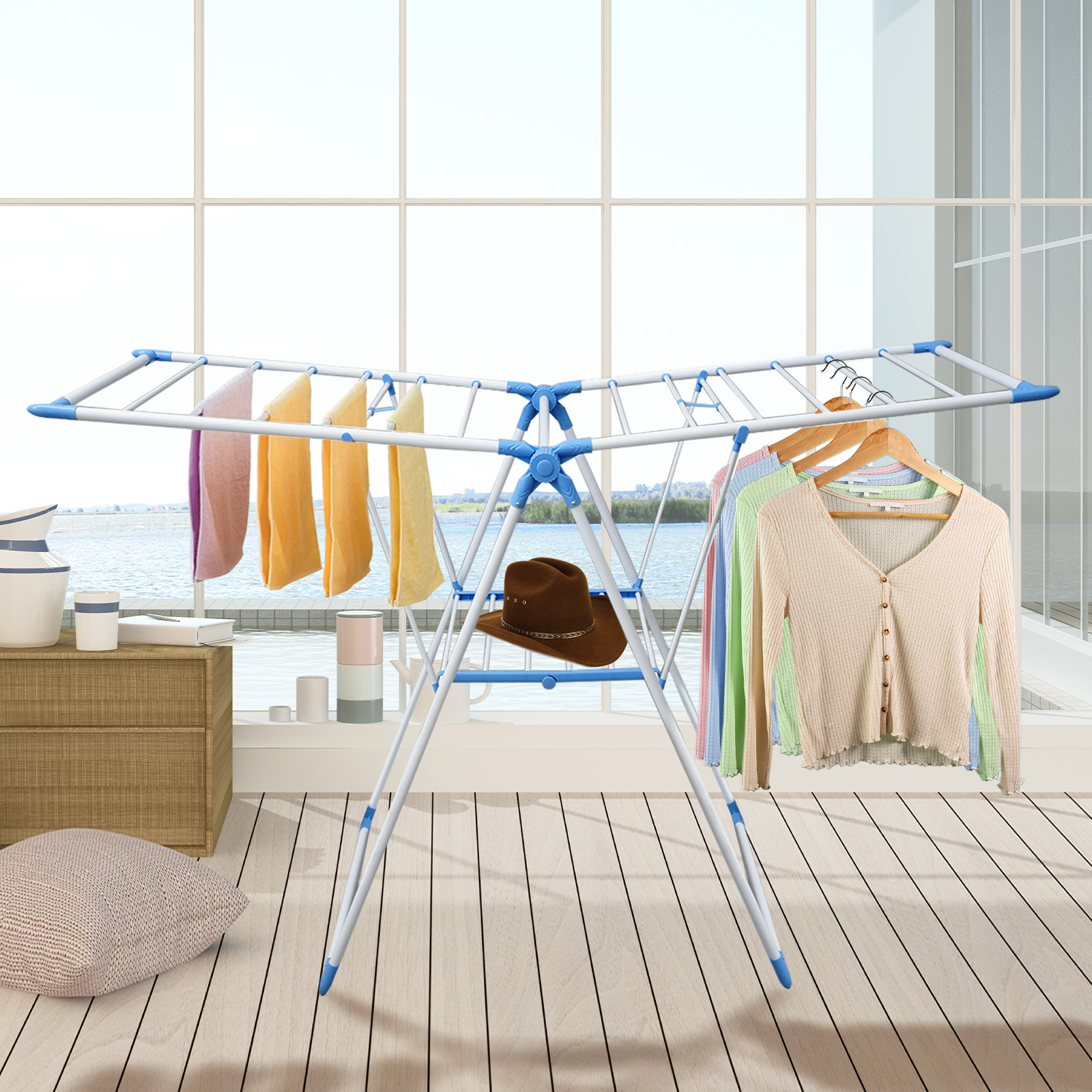 Adjustable Winged Collapsible Clothes Hanger,Space Saving Laundry Clothes Drying Racks,Stainless,Blue
