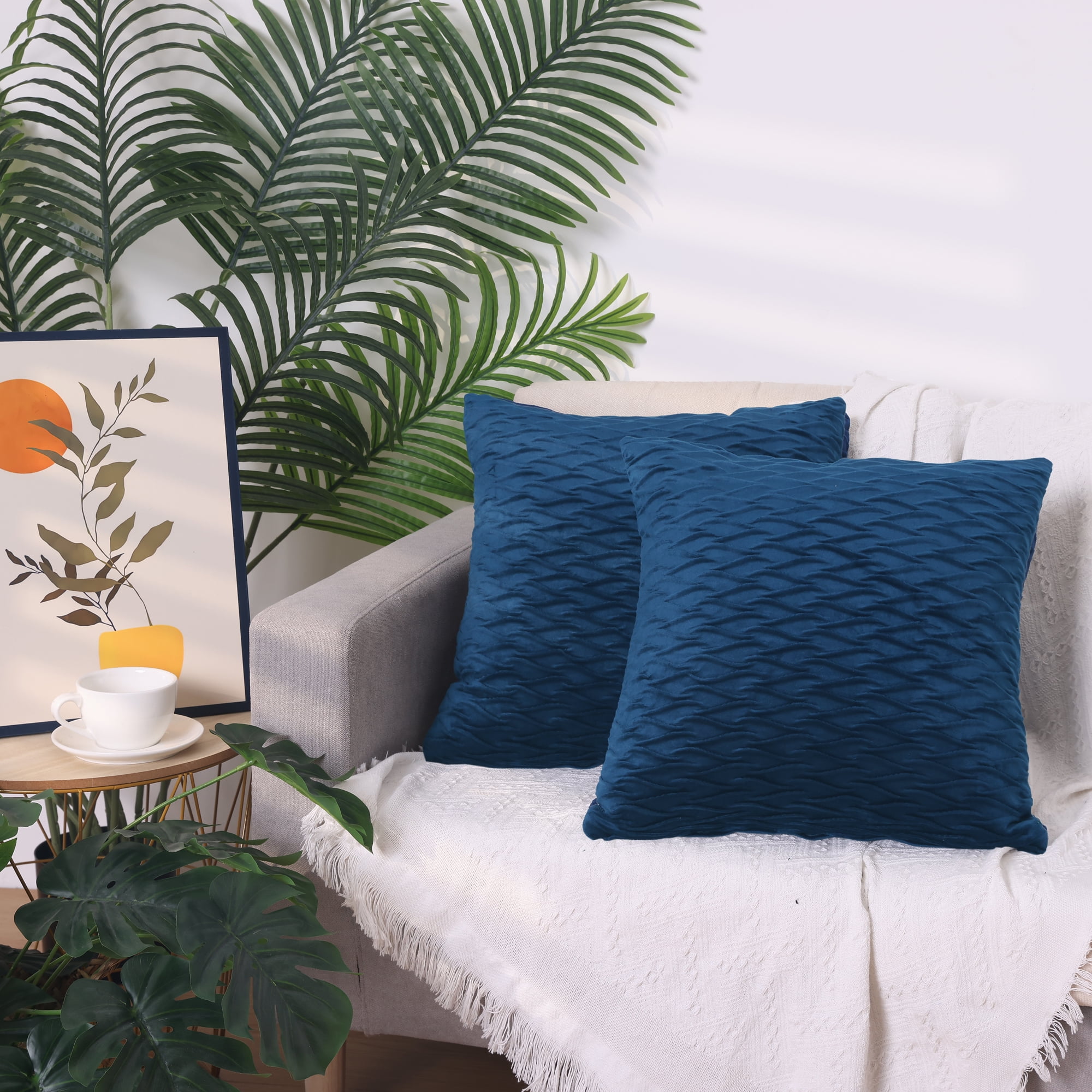 Unique Bargains 4 Solid Striped Square Decorative Throw Pillow Covers Textured Pillowcases Dark Blue 18" x 18"