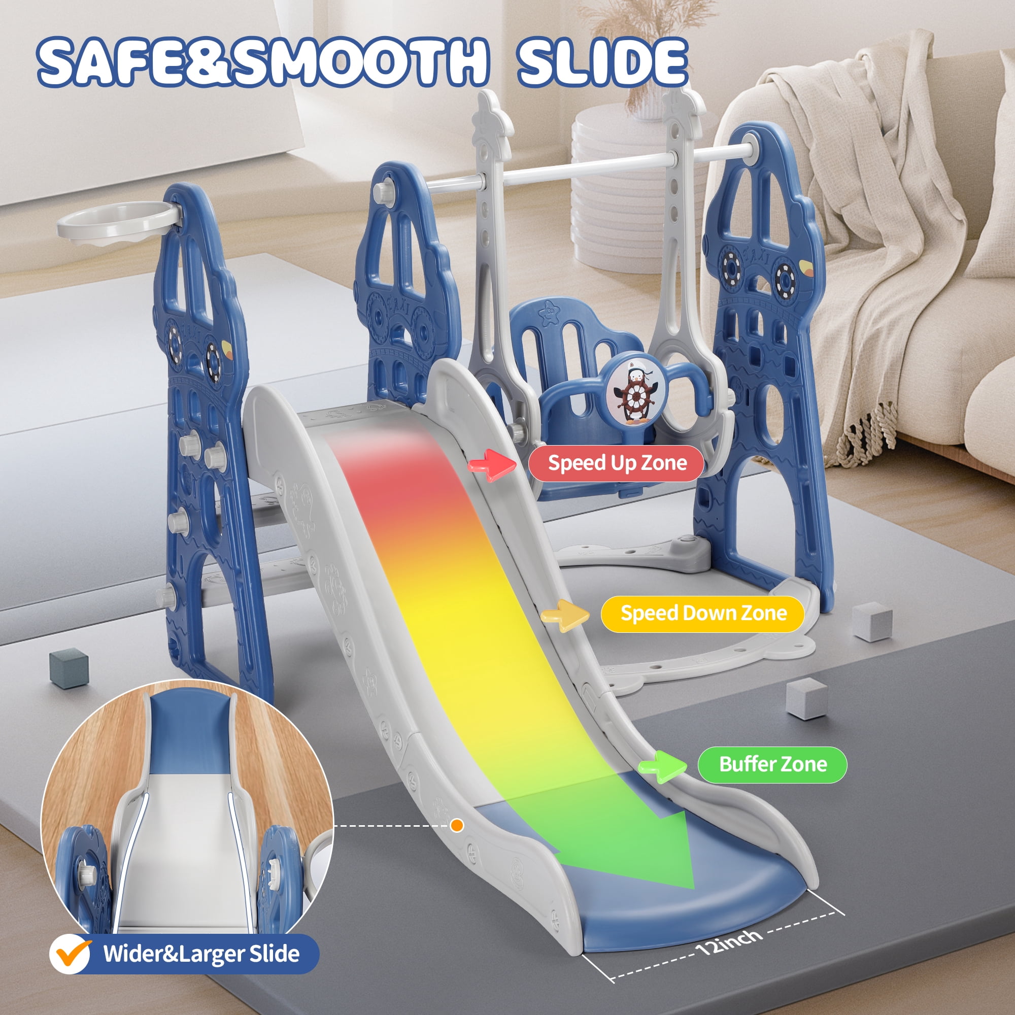 Easoger 4 in 1 Toddler Swing and Slide Unisex Child & Teen Swing Sets, Blue, 110 lb