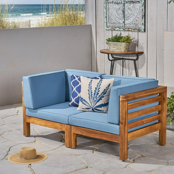 Noble House Oana Outdoor Modular Loveseat Teak & Blue