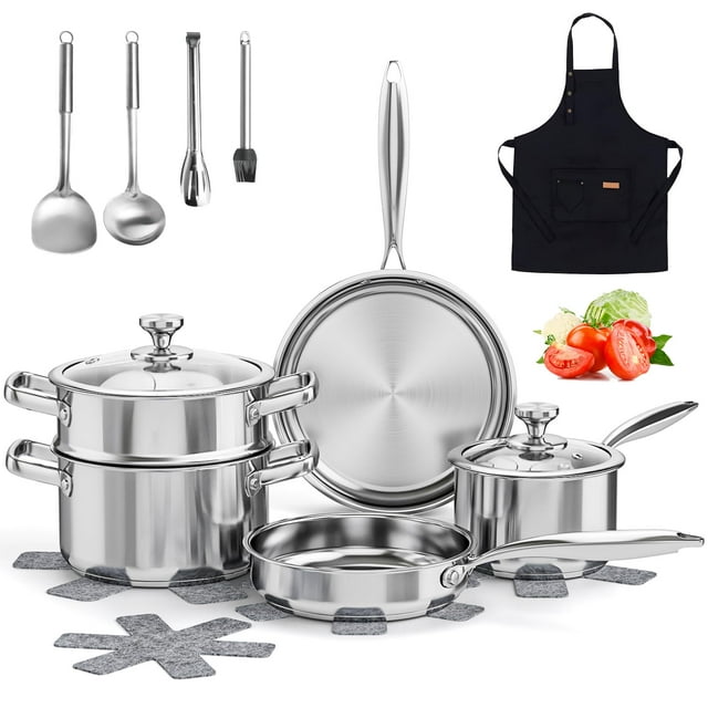 Juego de utensilios de cocina ASKSCICI de acero inoxidable, 16 piezas, plateado