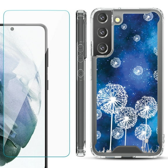 Shockproof Bumper Phone Case for Samsung Galaxy S22 5G, with Tempered Glass Screen Protector, by OneToughShield ® - Dandelion Stars