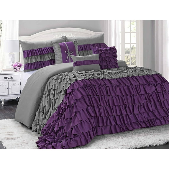 Uniquen Home 7 Piece BRISE Double Color Clearence Ruffled Comforter Set-Queen King Cal.King Size (Queen,Purple/Grey)