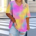 thumbnail image 3 of Plus Size Women's V-Neck Short Sleeve Tie-Dye Ombre Print Summer Basic Top, Loose Fit Stylish Plus Size Tee for Everyday Casual Wear and Weekend Outings Pink XXL, 3 of 5