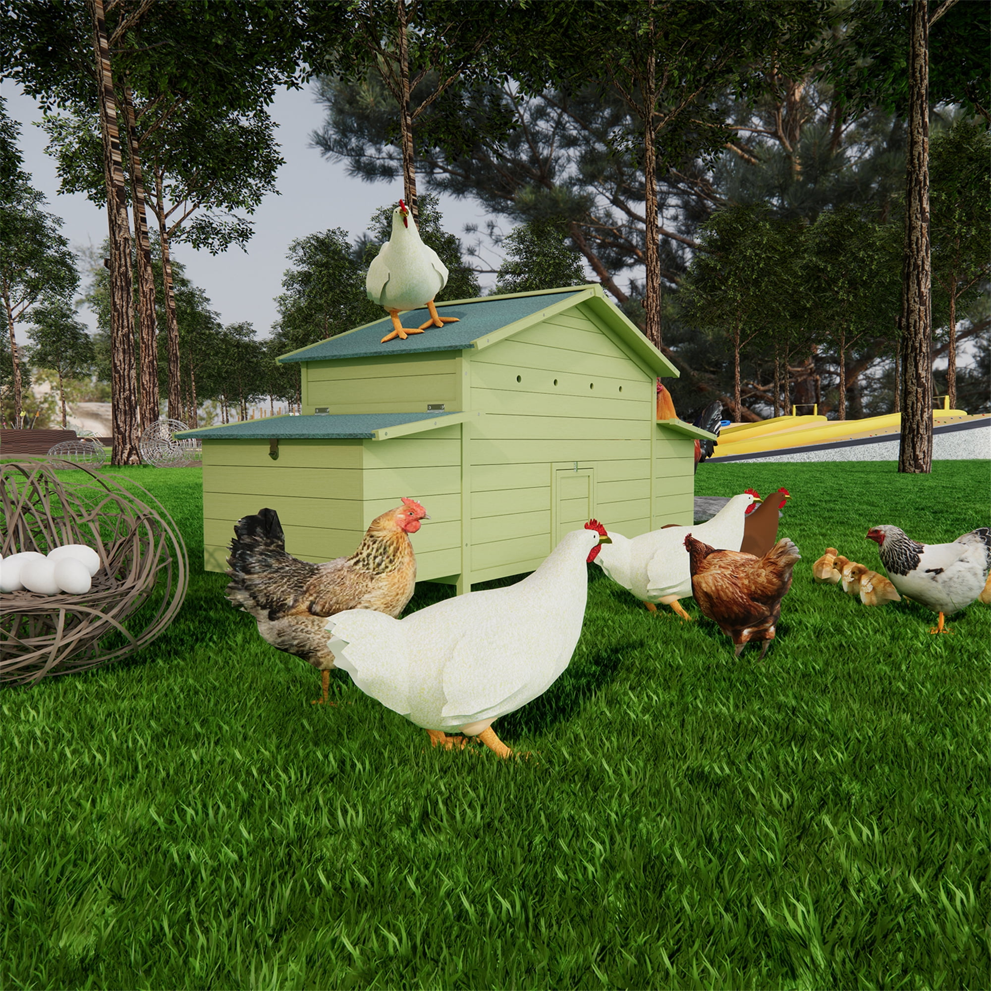 Aukfa 70" Large Chicken Coop Wooden 4 Nesting Boxes Chicken Cage for Outdoor, Backyard, Green
