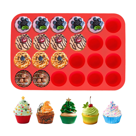 YOYTOO Silicone Muffin Pan, Nonstick | 24 Cups Mini Cupcake Pans for Baking Muffin, Egg Bite, Cupcakes and Puddings , Dishwasher Safe(Red)