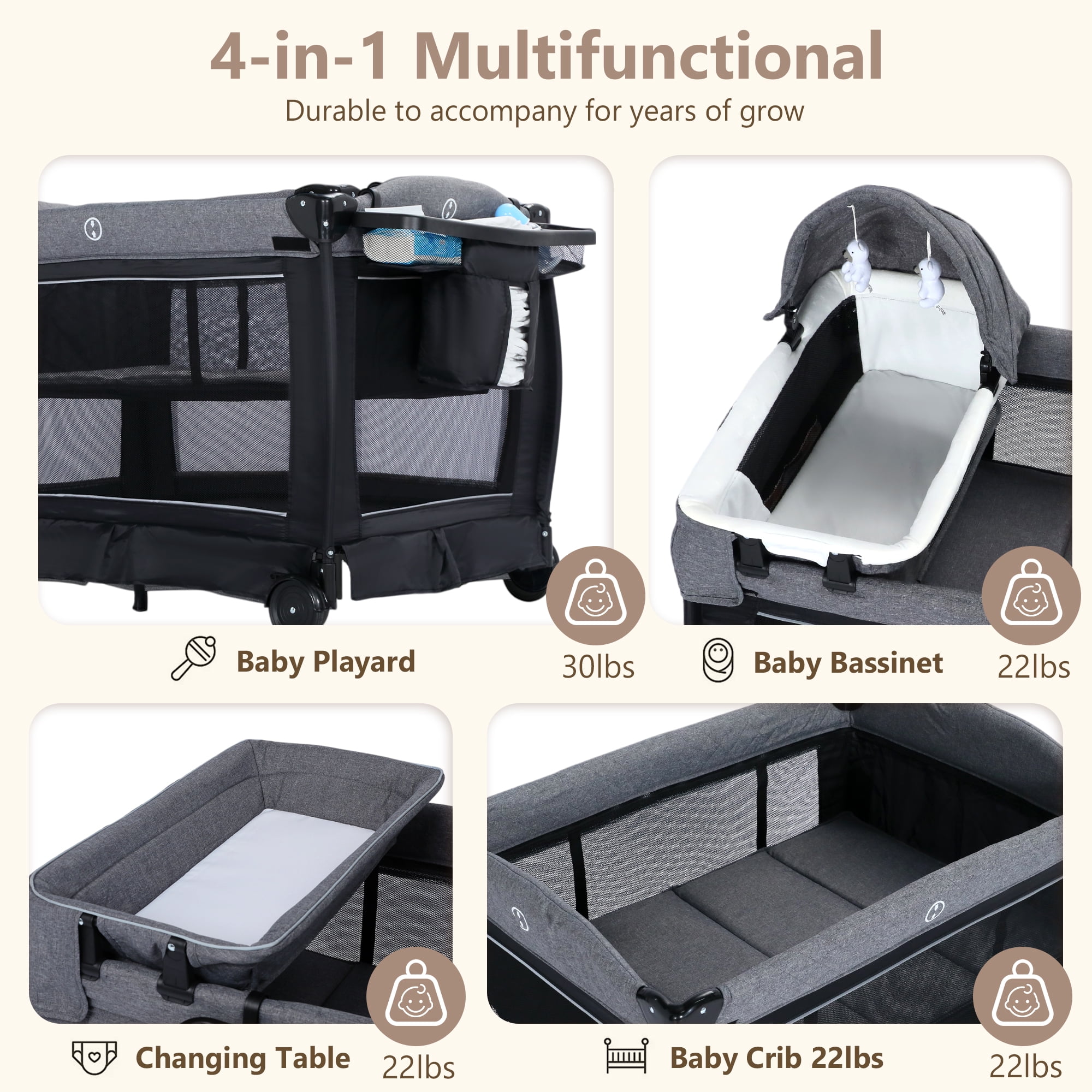 LINLUX Pack and Play w/ Bassinet & Changing Table, Baby Playard for Toddler, Newborn Crib Baby Bed,Black