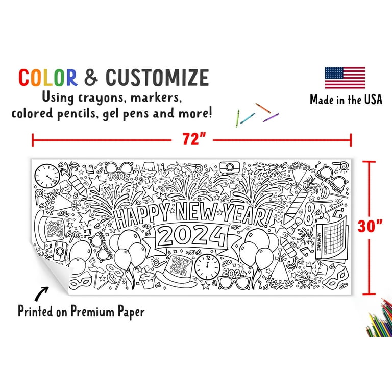 Tiny Expressions Giant 2024 New Years Coloring Poster for Kids | 30 x 72  Inches Jumbo Paper Coloring Banner