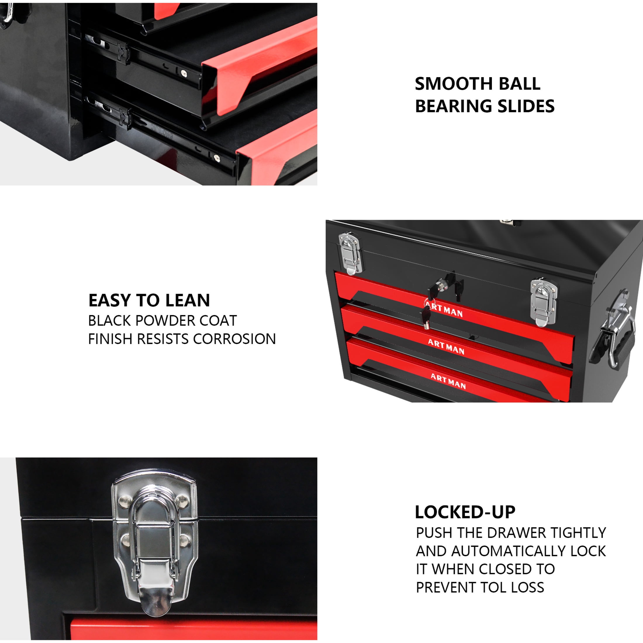 Noble House 20" Portable Steel Tool Box Cabinet, 3-Drawer Powder-Coated Storage Organizer with Metal Latch, Black & Red
