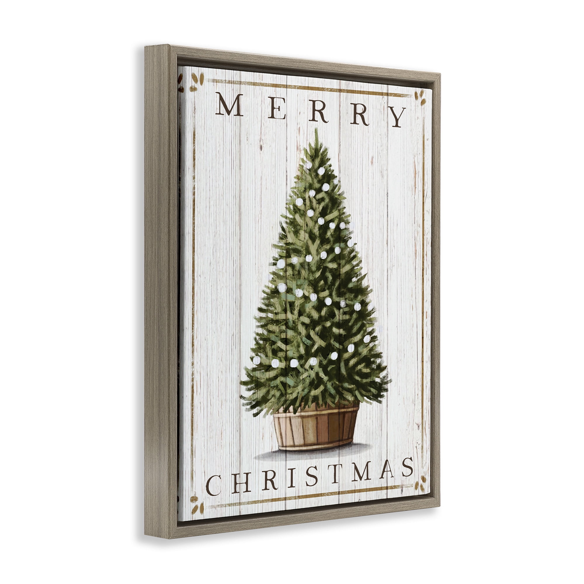 Stupell Industries Merry Christmas Country Tree Holiday Painting Brown Floater Framed Canvas Art Print Wall Art, 17 x 21