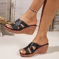 thumbnail image 3 of Rokment Cork Footbed Wedges Slip on Dressy Sandals for Women Ladies Fashion Casual Leather Open Toe Platform Chunky Heeled Beach Summer Dress Slides Shoes Black Size 6, 3 of 7