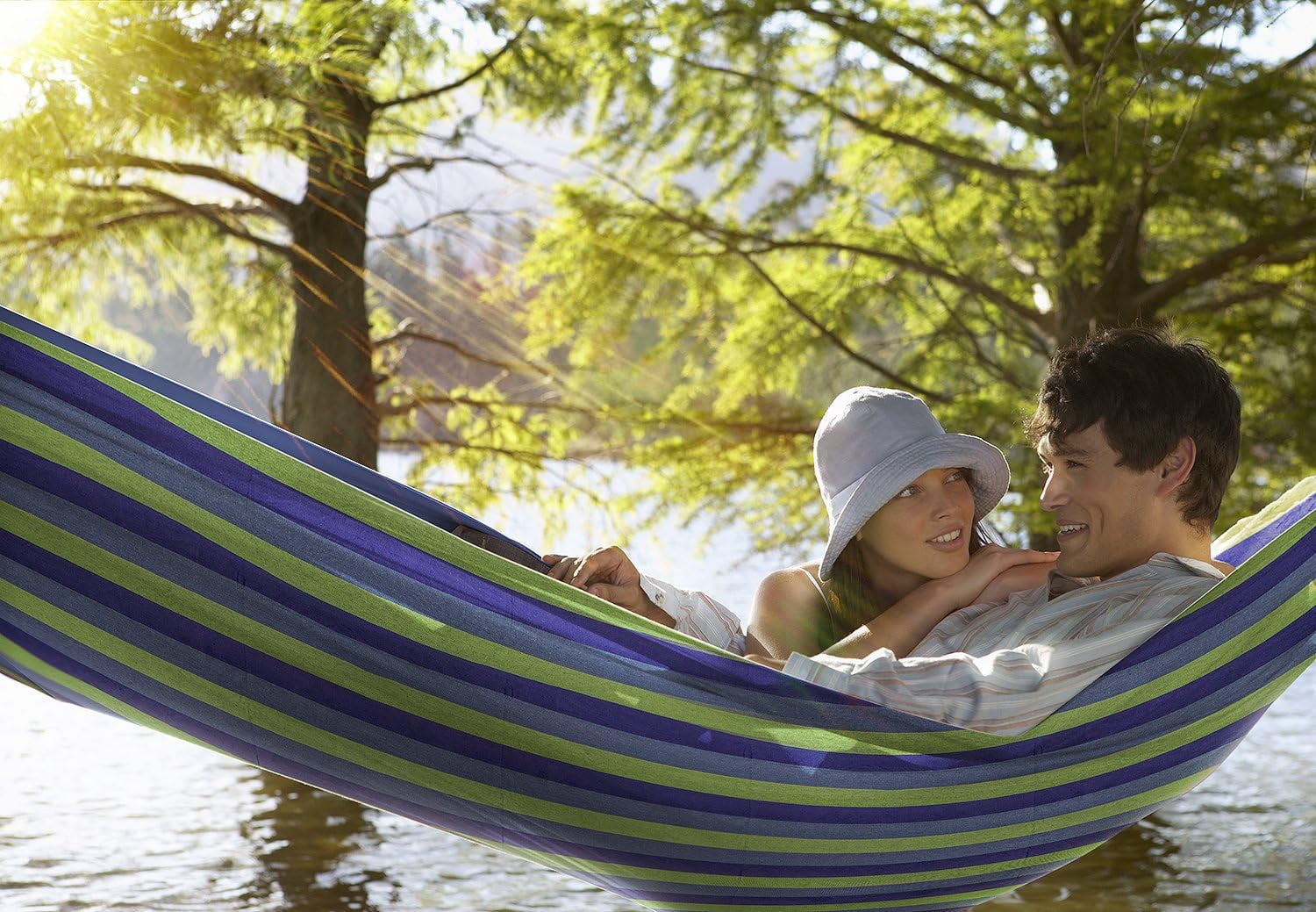 Sorbus Brazilian Double Hammock, Extra-Long Two Person Portable Hammock Bed for Any Indoor or Outdoor Spaces, (Green/Blue Stripes)