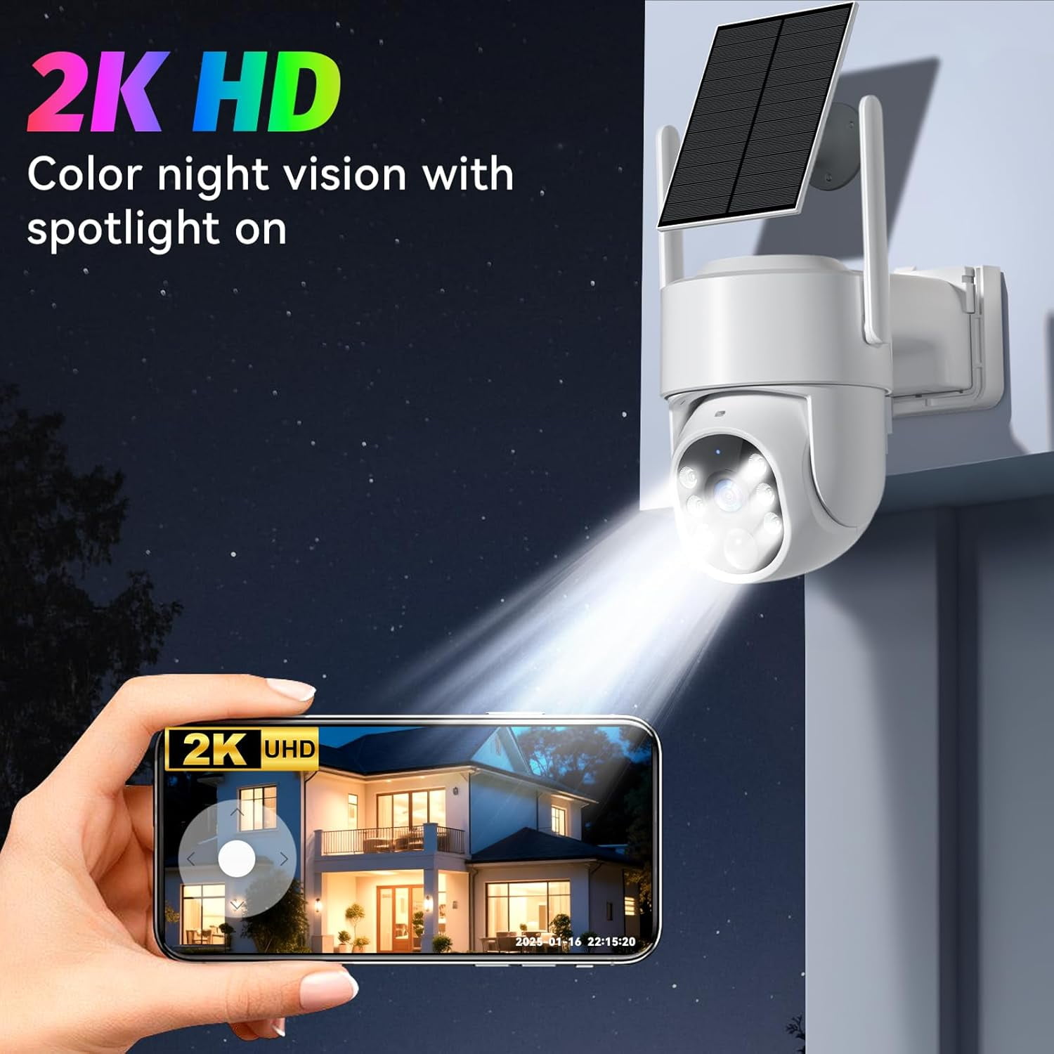 4G LTE Cellular Solar Security Camera, No WiFi Solar Powered Security Camera Outdoor, 360° Live View, 2K Color Night Vision, PIR Motion Detection, 2 Way Talk, Built in SIM Card