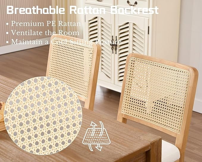Guyou Farmhouse Rattan Dining Chairs Set of 6, Modern Wooden Kitchen Chairs with Cane Back, Chenille Upholstered Dining Room Chairs, Boho Wicker Woven Dining Side Chairs for Dining Room, White