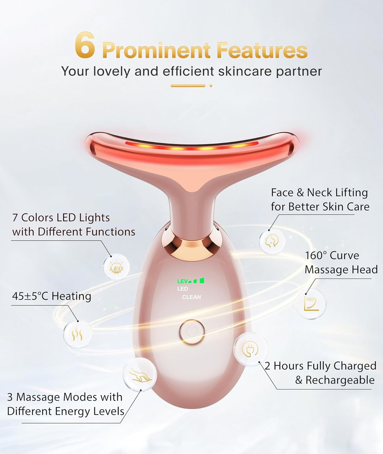 7-in-1 Deplux Face Neck Massager for Daily Skin Care Routine, Facial Massager, Skin Care Tool Rose Gold