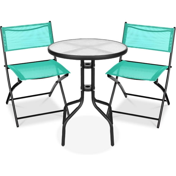 Brezey 3-Piece Patio Bistro Dining Furniture Set w/Textured Glass Tabletop, 2 Steel Folding Chairs, Polyester Fabric,Mint