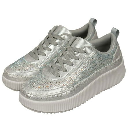 Olive COZZY GIRL Crystal Embellished Low Top Lace Up Sneaker - Lightweight Faux Leather Round Toe Casual Fashion Shoes for Women - Perfect for All-Season Walking and Daily Wear Gift