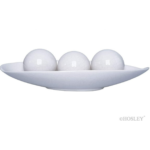 Hosley Modern Crackle Ivory Ceramic Decorative Bowl and Orb Set
