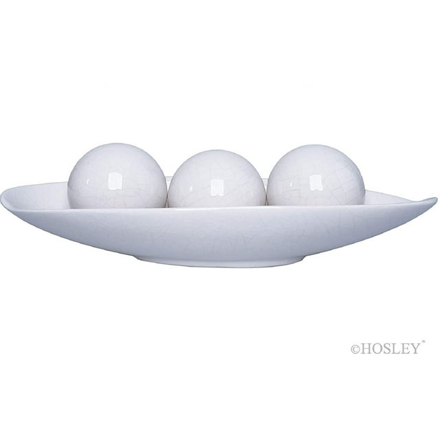 Hosley Modern Crackle Ivory Ceramic Decorative Bowl and Orb Set