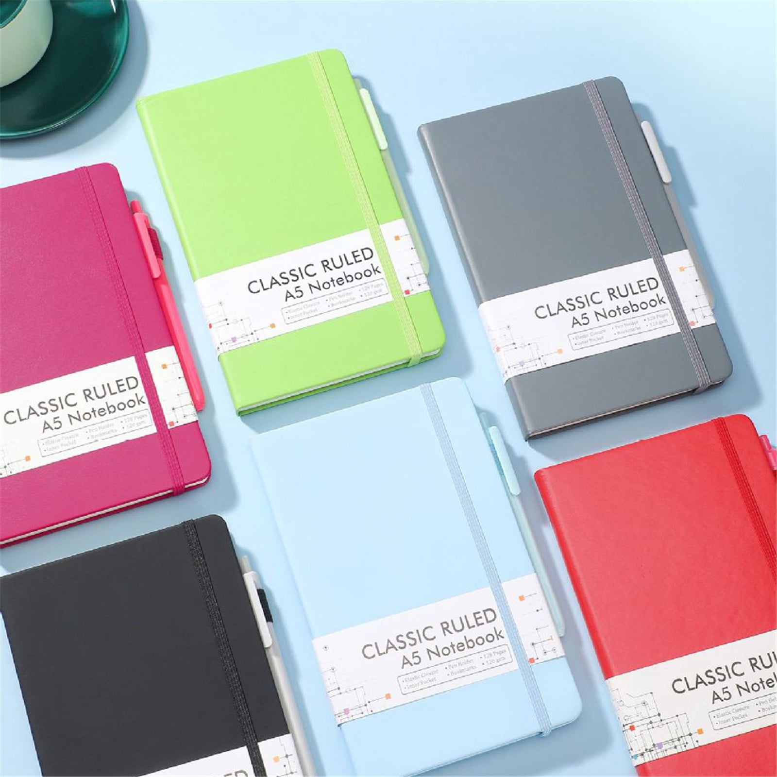 5Pcs Journal Notebook Bulk,Morandi Color A5 Notebook Hardcover Ruled Lined Journals with 5 Pens and Pen Holder for Travel,Office & Home Daily Use
