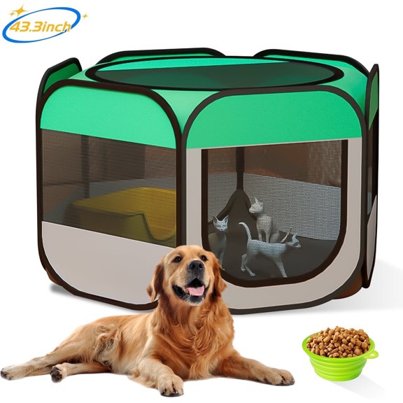 SPOKKI 43.3in Pet Playpen Pop-Up Dog Playpen, Folding Soft Dog Crate Portable Waterproof Outdoor Playpen for Dog Cat Chicken Recovery w/Bowl, Durable for Travel