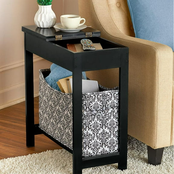 Narrow Wood Side Table with Flip-Top and Fabric Storage Bin
