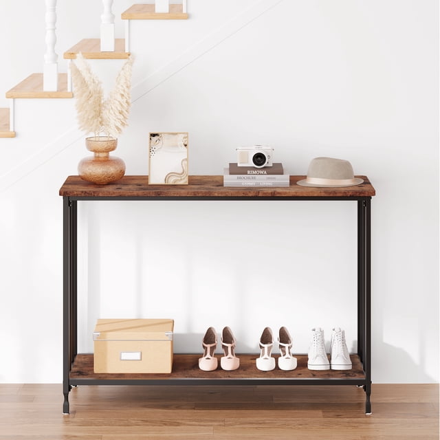 GloryStar 42'' Slim Console Table, 2-Tier Entryway Table with Glass Shelf & Metal Frame, Small Sofa Side Display for Hallway, Bedroom, or Living Room
