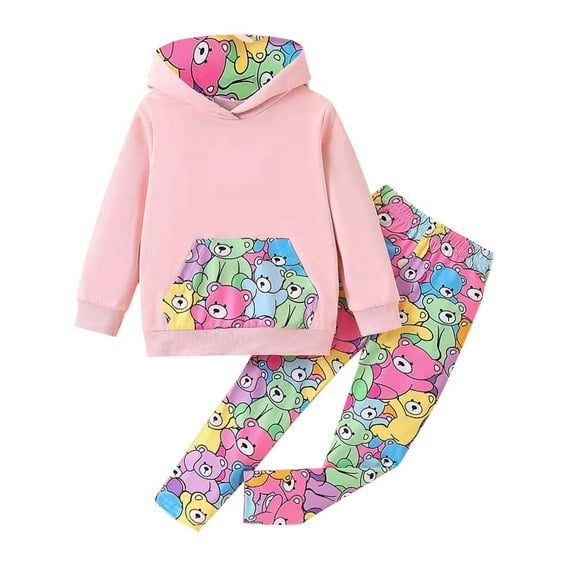 Ugoldhm Girls Fall Outfit Set Hooded Sweatshirt and Printed Sweatpant Cute Kids Sweatsuit Clothes