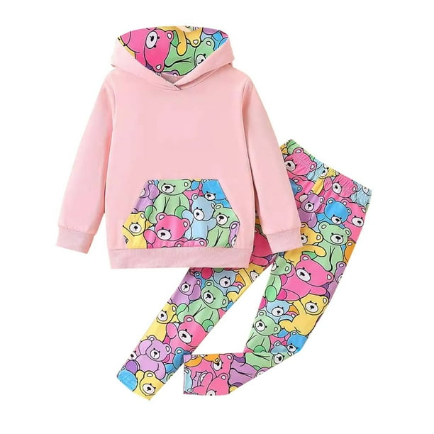 Odeerbi 3-8 Años Niños Niñas Conjuntos Oso Impreso Sudaderas Capucha Pantalones Sudadera Conjunto Dos Piezas Invierno Terciopelo Sudaderas Con Capucha