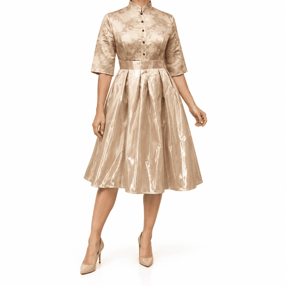 Women Champagne Stand Collar Button Front Floral Print A-Line Midi Dress Puff Short Sleeve Formal Party Dresses