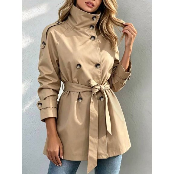 Womens Minimalist Stand Trench Coat Double Breasted Tie Waist Belted Jacket
