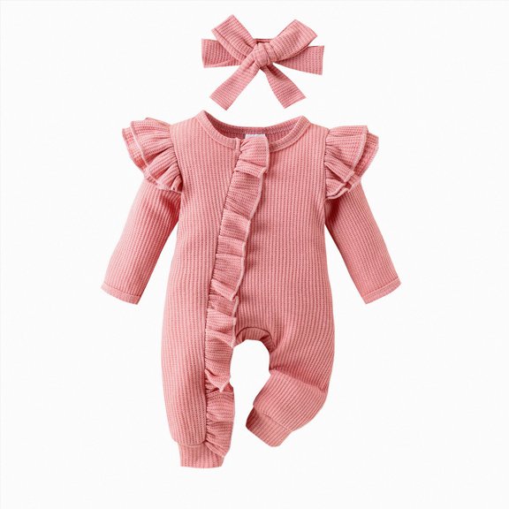 mgoYE Newborn Baby Girl Ruffle Romper Knit Sweater Onesie Jumpsuit Long Sleeve Zipper Romper Solid Fall Winter Outfits(Pink,3-6 Months)